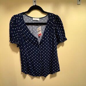 Brand New Navy Blue Polka Dot Button Down Blouse
